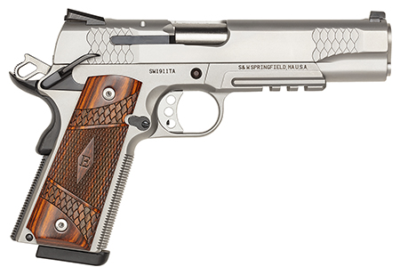 Smith & Wesson 1911 E-Series .45 ACP, 5" Barrel, 8+1 Capacity, Satin Stainless Steel Frame & Slide, Laminate Wood E-Series Grip, Tactical Accessory Rail, Manual Grip & Thumb Safety