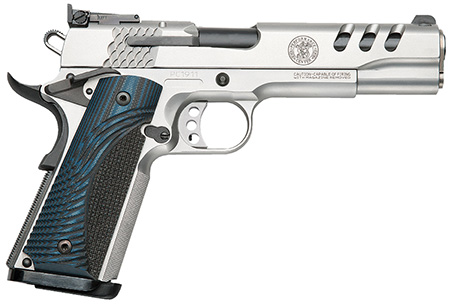 Smith & Wesson 1911 Performance Center .45 ACP, 5" Throated Barrel, 8+1 Capacity, Matte Stainless Steel Frame, Ported Slide, G10 Custom Wood Grip, Ambidextrous Manual Safety