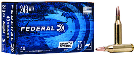 Federal American Eagle 243 Winchester Varmint & Predator Ammunition 75 Grain Jacketed Hollow Point 40 Rounds