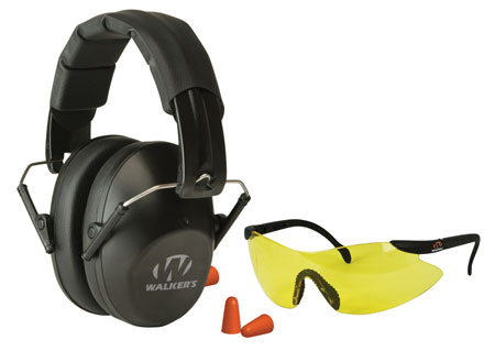 Walker's Pro Low Profile 31dB Passive Earmuffs with Foam Ear Plugs Yellow Lens Shooting Glasses Combo Kit