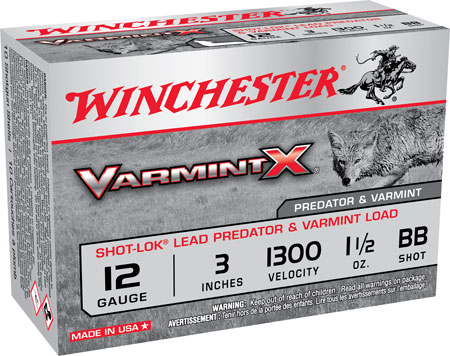 Winchester Varmint X Shot-Lok 12 Gauge 3" 1 1/2 oz BB Shot 10 Rounds per Box / 10 Boxes per Case 3 Winchester Varmint X Shot-Lok 12 Gauge 3" 1 1/2 oz BB Shot 10 Rounds per Box / 10 Boxes per Case