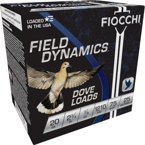 Fiocchi 20 Gauge Dove & Quail Shotshells 2-3/4 Inch 7/8 oz #7.5 Shot 1210 fps 25 Rounds