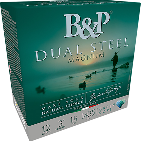 B&P Dual Steel 12 Gauge 3" 1 1/8 oz 2/3 Shot 10 Rounds per Box / 10 Boxes per Case 3 B&P Dual Steel 12 Gauge 3" 1 1/8 oz 2/3 Shot 10 Rounds per Box / 10 Boxes per Case