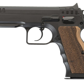 Tanfoglio IFG TF-STOCKI-9SF Defiant Stock I 9mm Luger Caliber with 4.50" Barrel, 16+1 Capacity, Overall Black Finish Steel, Picatinny Rail/Beavertail Short Frame, Serrated Slide & Wood Grip