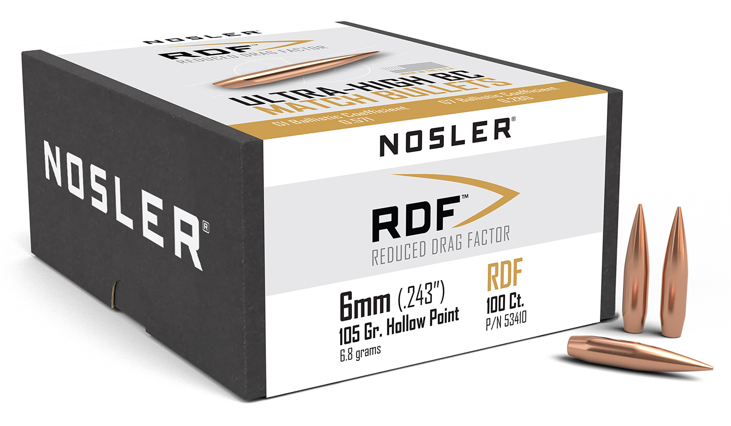 Nosler 53410 RDF Match 6mm 105gr Hollow Point Boat Tail 100/Box 3 Nosler 53410 RDF Match 6mm 105gr Hollow Point Boat Tail 100/Box