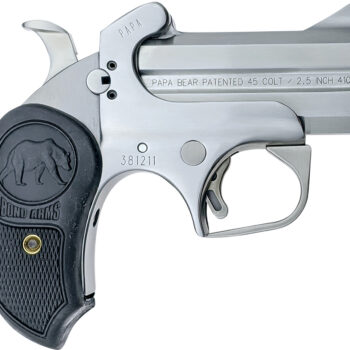 Bond Arms BAPB Papa Bear  45 Colt (LC)/410 Gauge 2rd 3" Stainless Steel Double Barrel & Frame, Auto Extractors & Rebounding Hammer, Blade Front/Fixed Rear Sights, Extended Rubber Grip, Manual Safety