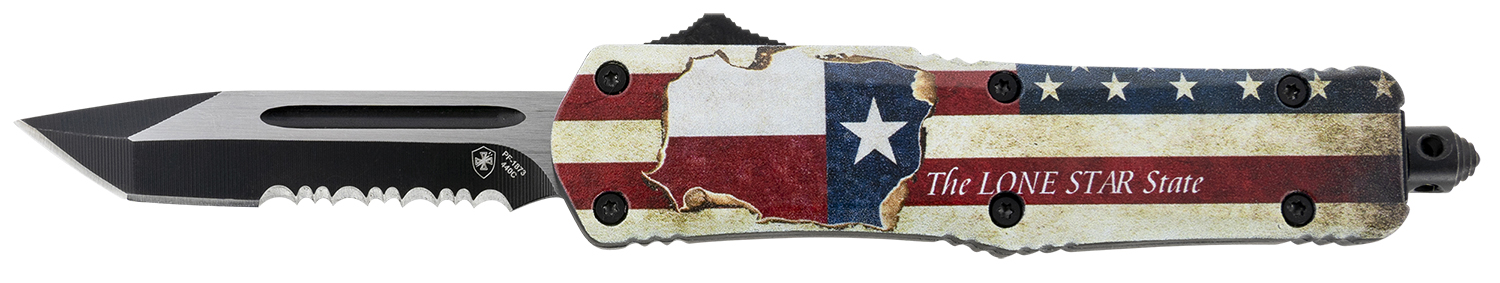 Templar Knife STX531 Gen II Texan Small 2.25" OTF Tanto Part Serrated Black Oxide Stonewashed 440C SS Blade, 4.31" Texas Flag Aluminum Handle, Glass Breaker 3 Templar Knife STX531 Gen II Texan Small 2.25" OTF Tanto Part Serrated Black Oxide Stonewashed 440C SS Blade, 4.31" Texas Flag Aluminum Handle, Glass Breaker