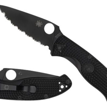 Spyderco C122PSBBK Tenacious Lightweight 3.39" Folding Part Serrated Black Oxide 8Cr13MoV SS Blade/Black Bi-Directional Texturing FRN Handle Includes Pocket Clip
