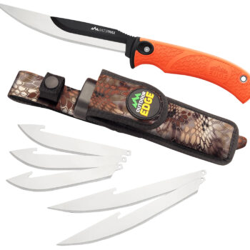 Outdoor Edge RMB20C RazorMax  6 Blades, 3.50" Drop Point/5" Boning Fillet Folding Plain Satin/Black Oxide 420J2 SS Blades, Blaze Orange Textured TPR Handle