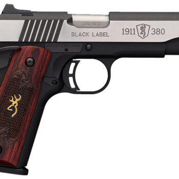 Browning 051914492 1911 Black Label Medallion Pro 380 ACP 8+1 4.25" Target Crown Barrel, Blackened w/Silver Polished Flats Serrated SS Slide, Matte Black Polymer Frame w/Beavertail