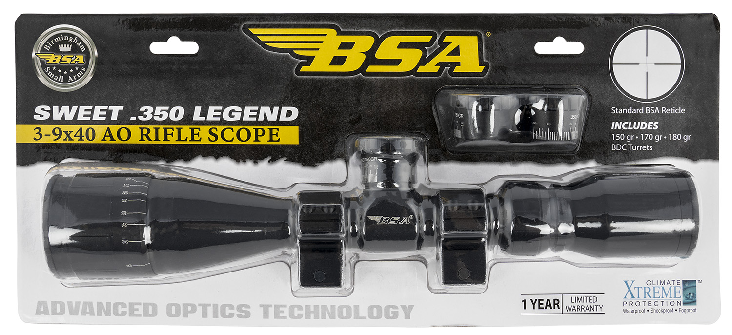 BSA 35039X40AOWRTB Sweet 350 Legend Black Matte 3-9x40mm AO 1" Tube 30/30 Reticle Features Weaver Rings 3 BSA 35039X40AOWRTB Sweet 350 Legend Black Matte 3-9x40mm AO 1" Tube 30/30 Reticle Features Weaver Rings