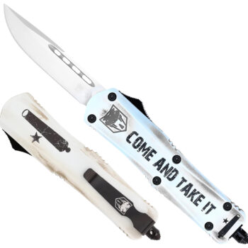 CobraTec Knives SCATIFS3DNS FS-3 Come And Take It Small 3" OTF Drop Point Plain D2 Steel Blade 4.50" White "Come And Take It" Aluminum Cerakoted Handle Includes Glass Breaker/Pocket Clip