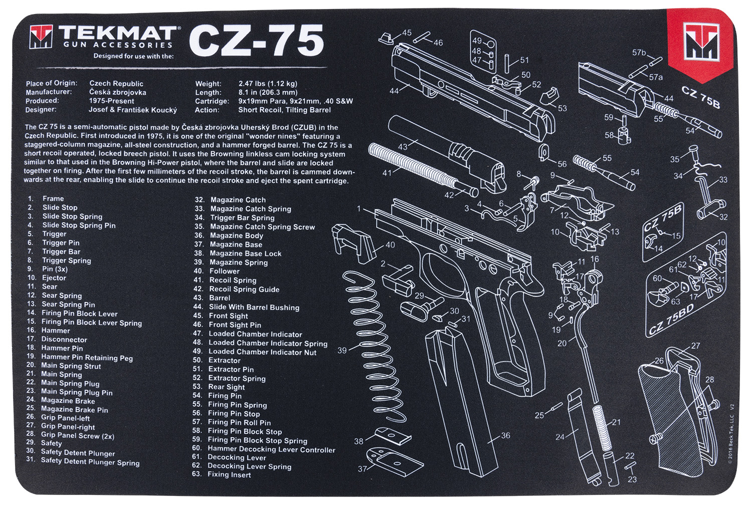 TekMat TEKR17CZ75 CZ 75 Cleaning Mat Black/White Rubber 11"x17" CZ-75 Parts Diagram 3 TekMat TEKR17CZ75 CZ 75 Cleaning Mat Black/White Rubber 11"x17" CZ-75 Parts Diagram