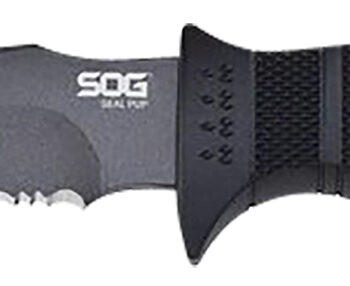 S.O.G SOGM37NCP Seal Pup  4.75" Fixed Clip Point Part Serrated Powder Coated AUS-8A SS Blade Black w/Raised Diamond Pattern GRN Handle Includes Lanyard/Sheath