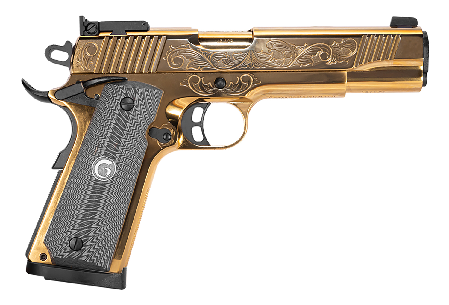Girsan 390093 MC1911 S Lux 45 ACP 8+1 5" Gold Plated PVD Steel Barrel, Gold Finish Engraved Serrated w/Engraving Steel Slide, Gold Plated Steel Frame, Black G10 Grip 3 Girsan 390093 MC1911 S Lux 45 ACP 8+1 5" Gold Plated PVD Steel Barrel, Gold Finish Engraved Serrated w/Engraving Steel Slide, Gold Plated Steel Frame, Black G10 Grip