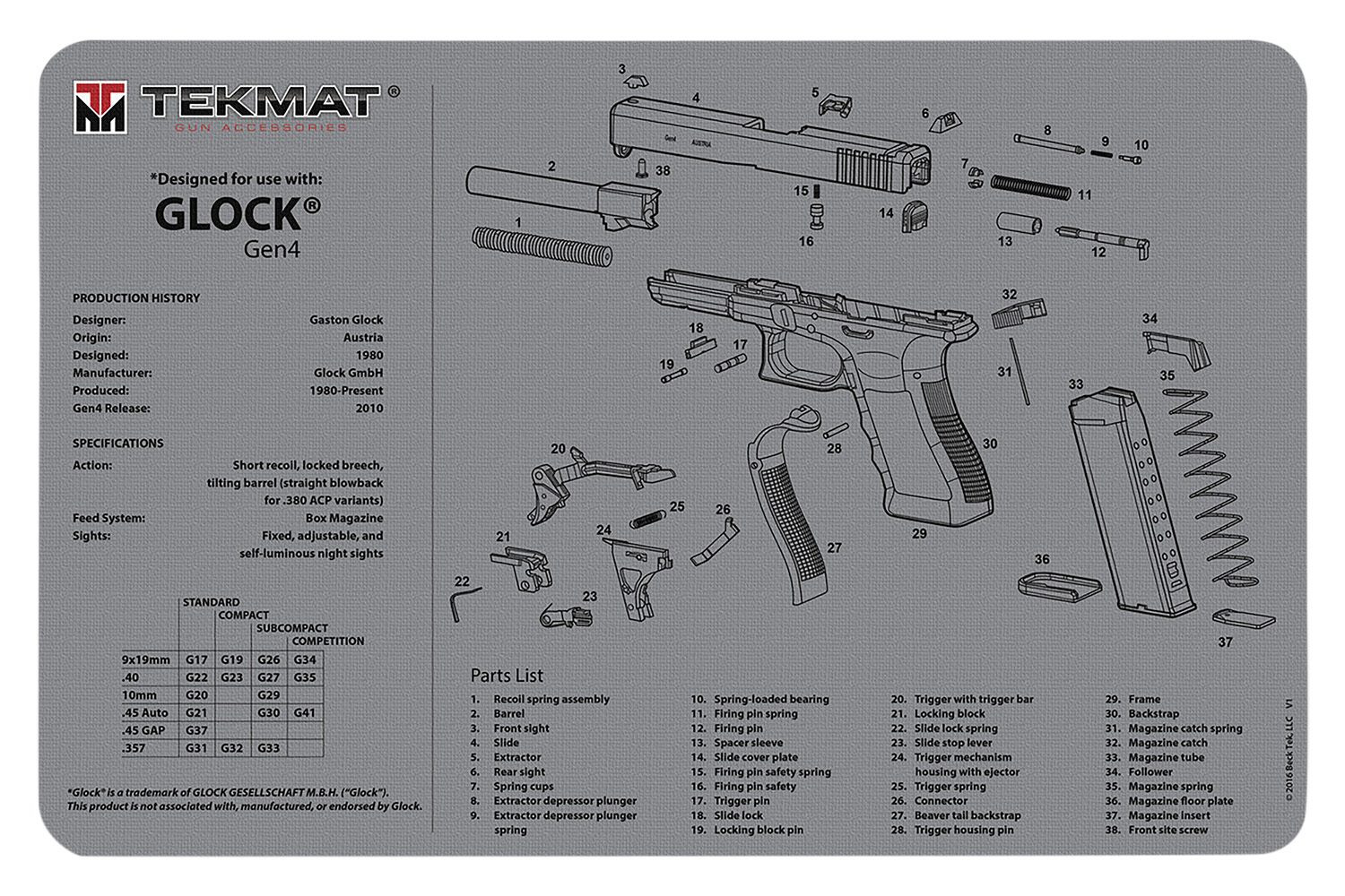 TekMat TEKR17GLOCKG4GY Glock Gen 4 Cleaning Mat Gray Rubber 11"x17" Glock Gen 4 Parts Diagram 3 TekMat TEKR17GLOCKG4GY Glock Gen 4 Cleaning Mat Gray Rubber 11"x17" Glock Gen 4 Parts Diagram