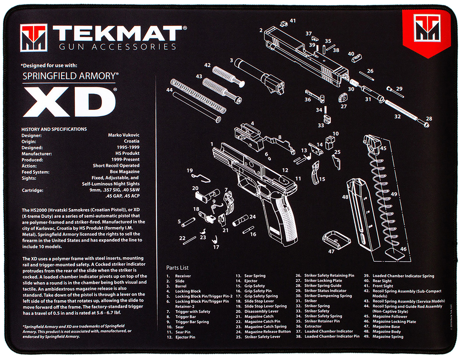 TekMat TEKR20XD Springfield Armory XD Ultra 20 Cleaning Mat Black/White Rubber 15"x20" Springfield Armory XD Parts Diagram 3 TekMat TEKR20XD Springfield Armory XD Ultra 20 Cleaning Mat Black/White Rubber 15"x20" Springfield Armory XD Parts Diagram