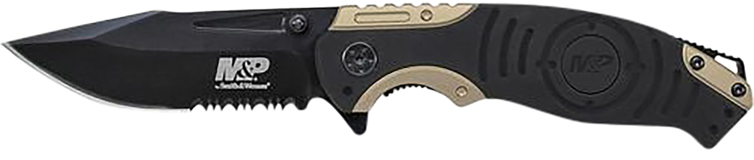 Smith & Wesson Knives SWP13BSCP M&P 3.50" Folding Drop Point Part Serrated Stonewashed 8Cr13MoV SS Blade/Black & Tan Aluminum Handle Includes Pocket Clip 3 Smith & Wesson Knives SWP13BSCP M&P 3.50" Folding Drop Point Part Serrated Stonewashed 8Cr13MoV SS Blade/Black & Tan Aluminum Handle Includes Pocket Clip