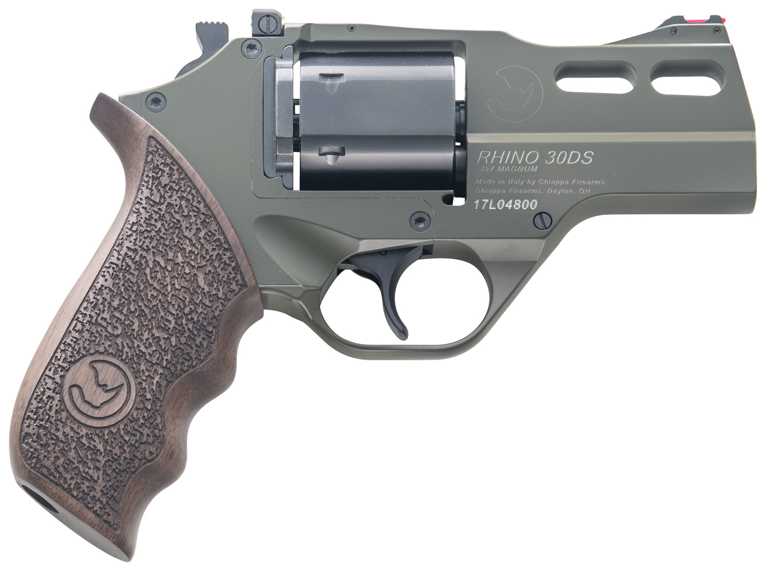 Chiappa Firearms 340285 Rhino 30DS Small Frame 357 Mag 6 Shot 3" Green Cerakote Steel Vent Rib Barrel, Blued Steel Cylinder, Green Cerakote Aluminum Frame, Walnut Grip, Concealed Hammer 3 Chiappa Firearms 340285 Rhino 30DS Small Frame 357 Mag 6 Shot 3" Green Cerakote Steel Vent Rib Barrel, Blued Steel Cylinder, Green Cerakote Aluminum Frame, Walnut Grip, Concealed Hammer