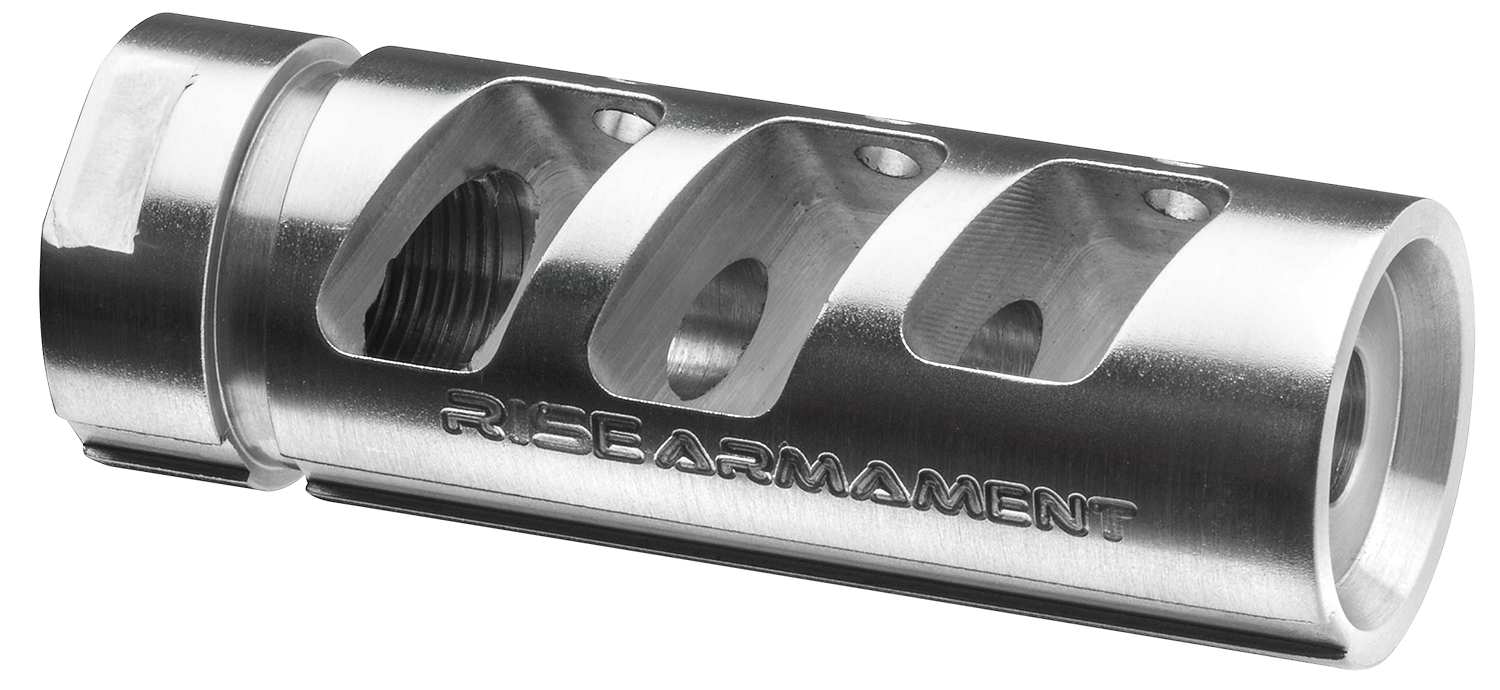 Rise Armament RA701223SLVR RA-701 Compensator Silver 416R Stainless Steel with 1/2"-28 tpi Threads & 2.50" OAL for 5.56x45mm NATO AR-Platform 3 Rise Armament RA701223SLVR RA-701 Compensator Silver 416R Stainless Steel with 1/2"-28 tpi Threads & 2.50" OAL for 5.56x45mm NATO AR-Platform