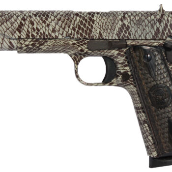 Iver Johnson Arms 1911A1COPPERHEAD 1911 A1 Copperhead 45 ACP 8+1 5" Black Steel Barrel, Tan Snakeskin Hydrographic Serrated Steel Slide & Frame w/Beavertail, Black Snakeskin Diamondwood Grip