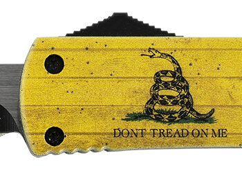 Templar Knife MDTOM331 Gen II Don't Tread On Me Slim 3.50" OTF Drop Point Plain Black Oxide Stonewashed 440C SS Blade, 5.05" Yellow w/Flag & "Don't Tread On Me" Aluminum Handle, Glass Breaker