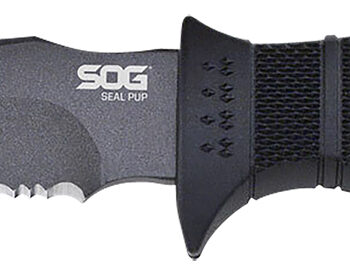 S.O.G SOGM37K Seal Pup  4.75" Fixed Clip Point Part Serrated Powder Coated AUS-8A SS Blade Black w/Raised Diamond Pattern GRN Handle Includes Sheath