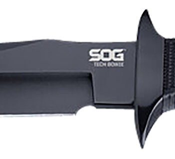 S.O.G SOGS10BK Tech Bowie  6.40" Fixed Plain Clip Point Black Hardcased TiNi AUS8 SS Blade/ Black w/ White "SOG" Logo Kraton Handle
