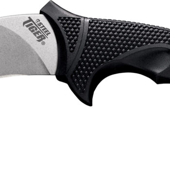 Cold Steel CS49KST Steel Tiger  4.75" Fixed Plain Stone Washed Japanese AUS-8A SS Blade/Black w/Thumb Shelf & Finger Ring Griv-Ex w/Overmold Kray-Ex Handle