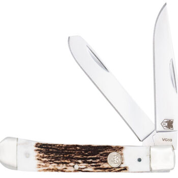 CobraTec Knives CTTDTRPSTAG Trapper  Folding 2.88" Clip Point, 2.94" Spey Plain Polished VG-10 SS Blades, 4.44" Stag Bone Scales/SS Handle