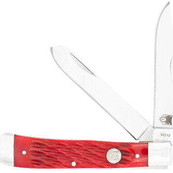 CobraTec Knives CTTDTRPREDBN Trapper  Folding 2.88" Clip Point, 2.94" Spey Plain Polished VG-10 SS Blades, 4.44" Red Bone Scales/SS Handle
