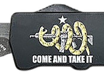 Templar Knife  Excalibur Come And Take It Slim 3.25" OTF Tanto Part Serrated D2 Steel Blade, 5" Black "Come And Take It" Aluminum Handle