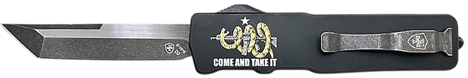Templar Knife Excalibur Come And Take It Slim 3.25" OTF Tanto Part Serrated D2 Steel Blade, 5" Black "Come And Take It" Aluminum Handle 3 Templar Knife Excalibur Come And Take It Slim 3.25" OTF Tanto Part Serrated D2 Steel Blade, 5" Black "Come And Take It" Aluminum Handle