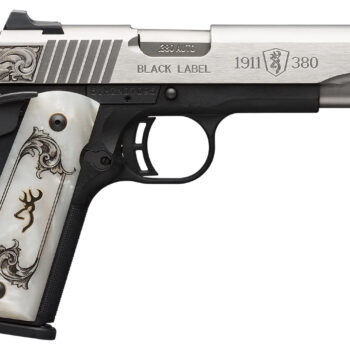 Browning 051966492 1911 Black Label Medallion Full Size Frame 380 ACP 8+1 4.25" Matte Stainless Steel Barrel & Serrated Slide, Matte Black Polymer Frame w/Beavertail, White Imitation Pearl Grip
