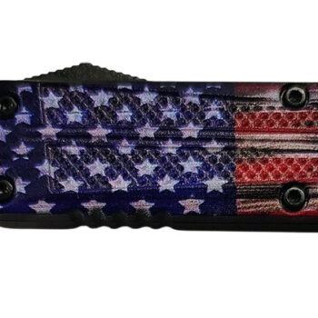 Xcaliber Knife Company  Drop Point  Mini 1.80" OTF Drop Point Plain Black 440C SS Blade, 3.52" US Flag Aluminum Handle