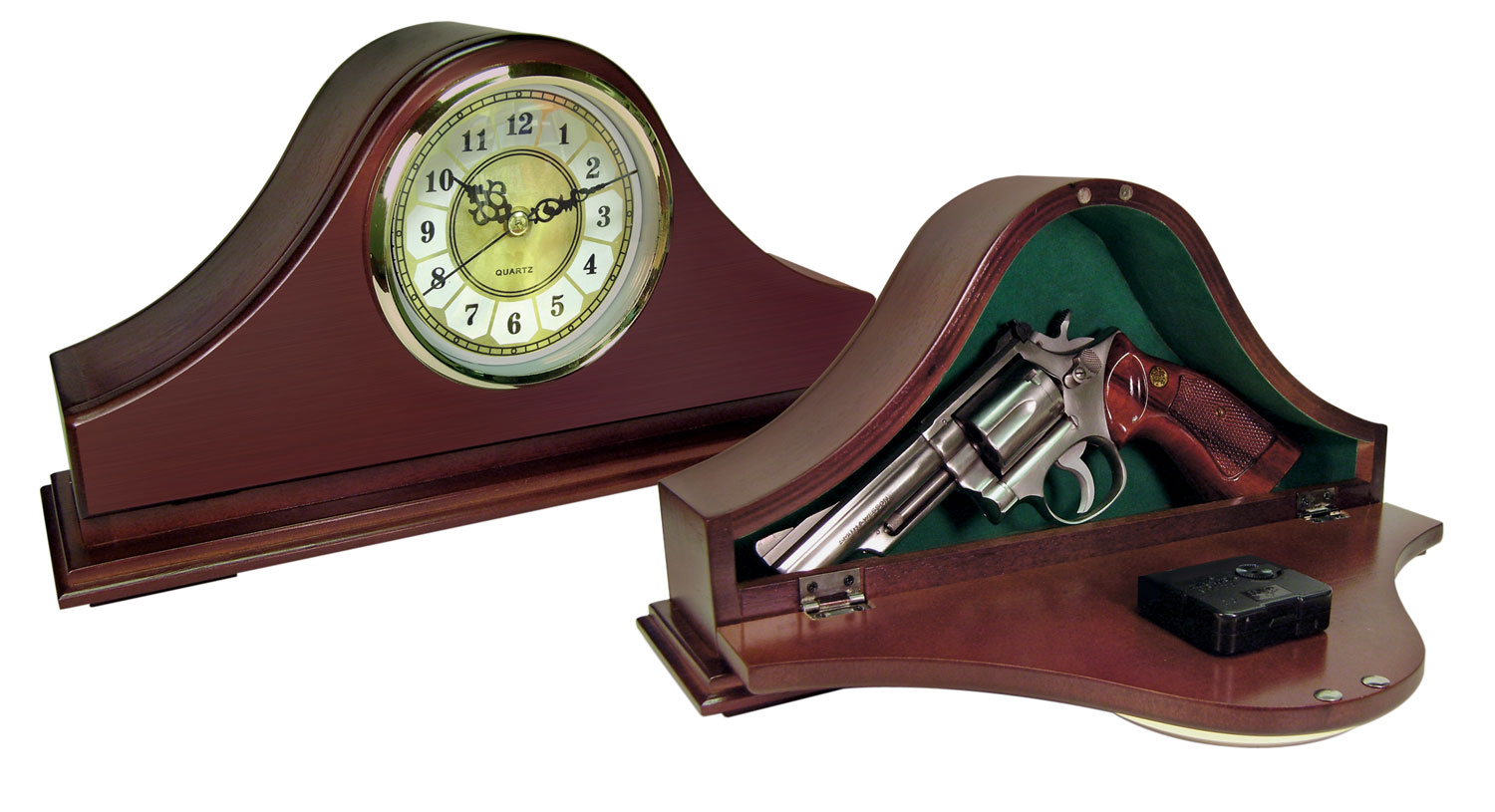 Peace Keeper MGC Mantle Gun Clock Front Panel Entry Mahogany Stain Wood Holds 1 Handgun 14.62" L x 7.37" H x 3.75" D 3 Peace Keeper MGC Mantle Gun Clock Front Panel Entry Mahogany Stain Wood Holds 1 Handgun 14.62" L x 7.37" H x 3.75" D