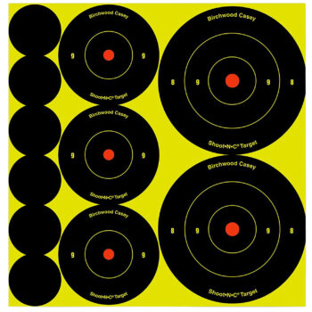 Birchwood Casey 34608 Shoot-N-C Reactive Target Variety Pack Self-Adhesive Paper Black/Yellow Bullseye 132 Pack