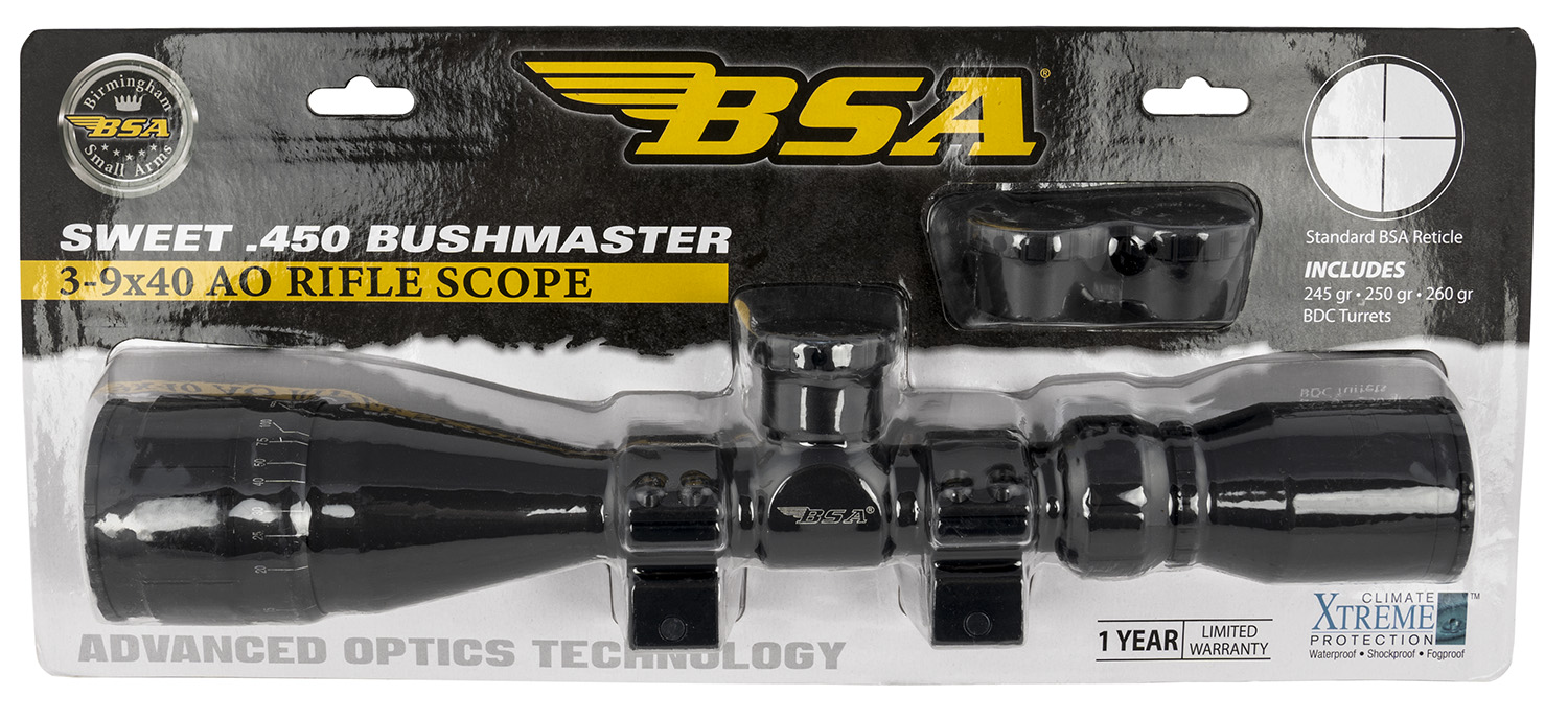 BSA 45039X40AOWRTB Sweet 450 Bushmaster Matte Black 3-9x40mm AO 1" Tube 30/30 Reticle Features Weaver Rings 3 BSA 45039X40AOWRTB Sweet 450 Bushmaster Matte Black 3-9x40mm AO 1" Tube 30/30 Reticle Features Weaver Rings