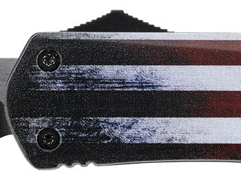 Templar Knife LUS331 Gen II US Flag Large 3.50" OTF Drop Point Plain Black Oxide Stonewashed 440C SS Blade, 5.25" US Flag Aluminum Handle, Glass Breaker