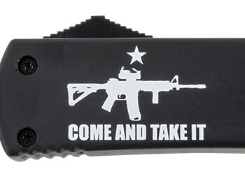 Templar Knife MAR15231 Gen II Come And Take It Slim 3.43" OTF Tanto Plain Black Oxide Stonewashed 440C SS Blade, 5.05" Black w/ "Come And Take It" AR-15 Gun Aluminum Handle, Glass Breaker