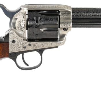 Taylors & Company 550925 1873 Cattleman 45 Colt (LC) Caliber with 4.75" Blued Floral Engraved Finish Barrel, 6rd Capacity Blued Finish Cylinder, Coin Photo Engraved Finish Steel Frame & Walnut Grip