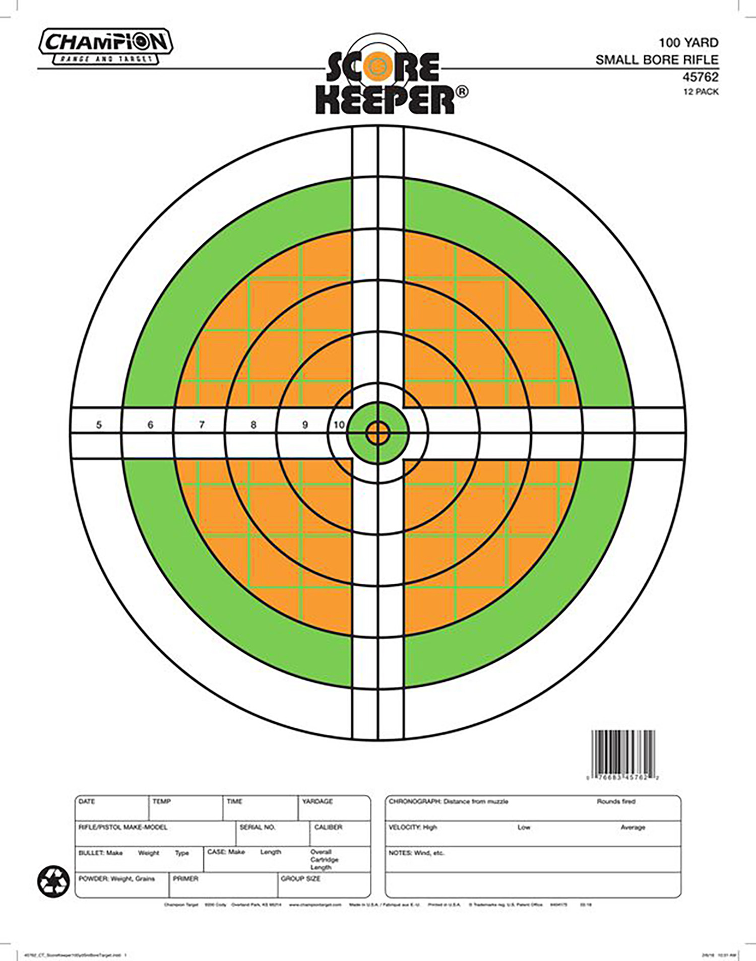 Champion Targets 45762 Score Keeper Sight-In Bullseye Paper Hanging 100 yds Small Bore Rifle Fluorescent Green & Orange/White 12 PK 3 Champion Targets 45762 Score Keeper Sight-In Bullseye Paper Hanging 100 yds Small Bore Rifle Fluorescent Green & Orange/White 12 PK
