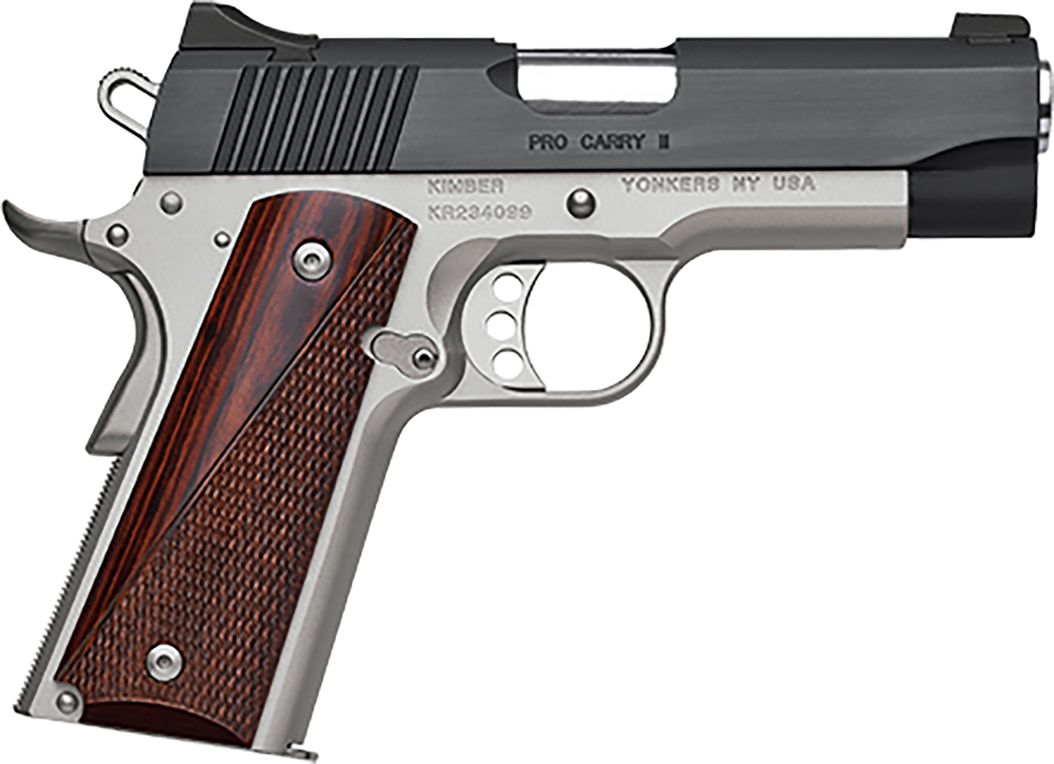 Kimber Mfg, Inc 3200320 Pro Carry II 45 ACP 7+1 4" Stainless Match Grade Barrel, Matte Black Brushed Serrated Steel Slide, Satin Silver Aluminum Frame w/Beavertail, Rosewood Grip 3 Kimber Mfg, Inc 3200320 Pro Carry II 45 ACP 7+1 4" Stainless Match Grade Barrel, Matte Black Brushed Serrated Steel Slide, Satin Silver Aluminum Frame w/Beavertail, Rosewood Grip