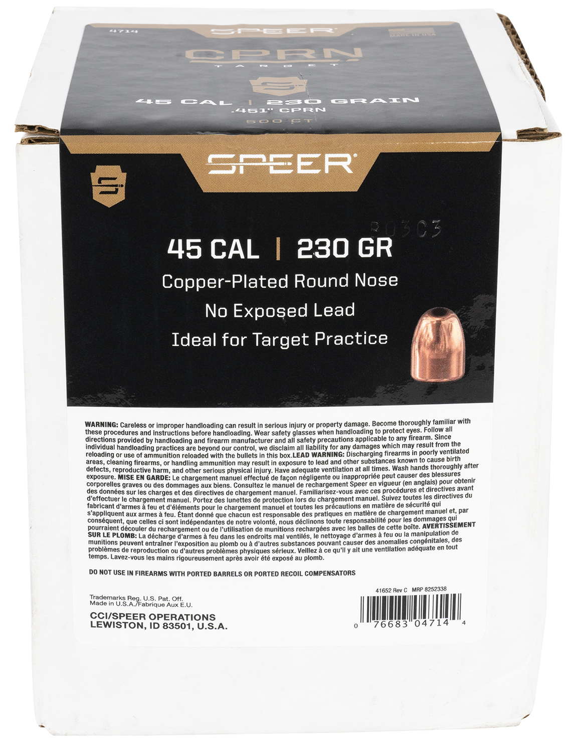 Speer 4714 Handgun 45Cal 230gr Round Nose 500 Per Box/3 Case 3 Speer 4714 Handgun 45Cal 230gr Round Nose 500 Per Box/3 Case