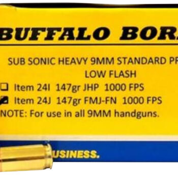 Buffalo Bore Ammunition 24J20 Subsonic Strictly Business 9mmLuger 147gr Full Metal Jacket Flat Nose 20 Per Box/12 Case