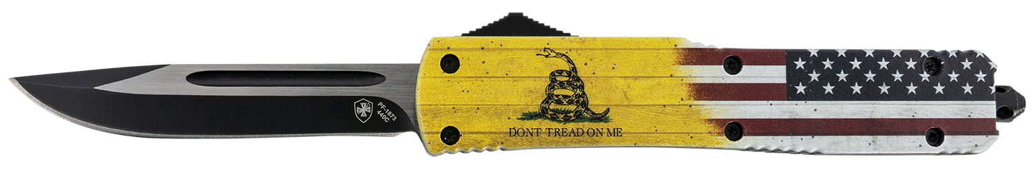 Templar Knife MDTOM331 Gen II Don't Tread On Me Slim 3.50" OTF Drop Point Plain Black Oxide Stonewashed 440C SS Blade, 5.05" Yellow w/Flag & "Don't Tread On Me" Aluminum Handle, Glass Breaker 3 Templar Knife MDTOM331 Gen II Don't Tread On Me Slim 3.50" OTF Drop Point Plain Black Oxide Stonewashed 440C SS Blade, 5.05" Yellow w/Flag & "Don't Tread On Me" Aluminum Handle, Glass Breaker