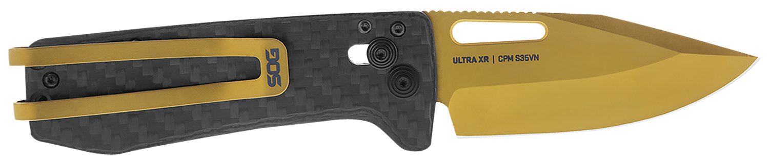 S.O.G SOG-12-63-02 Ultra XR 2.80" Folding Clip Point Plain Gold TiNi Cryo S35NV Steel Blade/Black Textured Carbon Fiber Handle Includes Pocket Clip 3 S.O.G SOG-12-63-02 Ultra XR 2.80" Folding Clip Point Plain Gold TiNi Cryo S35NV Steel Blade/Black Textured Carbon Fiber Handle Includes Pocket Clip