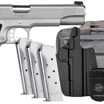 Kimber Mfg, Inc 3700826 Stainless LW Club Bundle Full Size Frame 45 ACP 7+1 5" Stainless Match Grade Barrel, Serrated Stainless Steel Slide, Stainless Aluminum Frame w/Beavertail, Black Textured Grip