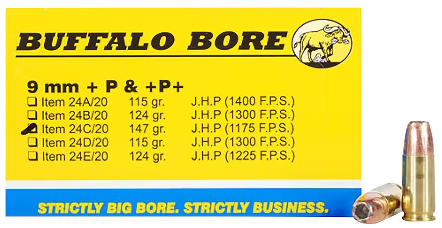 Buffalo Bore Ammunition 24C20 Personal Defense Strictly Business 9mmLuger +P+ 147gr Jacket Hollow Point 20 Per Box/12 Case 3 Buffalo Bore Ammunition 24C20 Personal Defense Strictly Business 9mmLuger +P+ 147gr Jacket Hollow Point 20 Per Box/12 Case