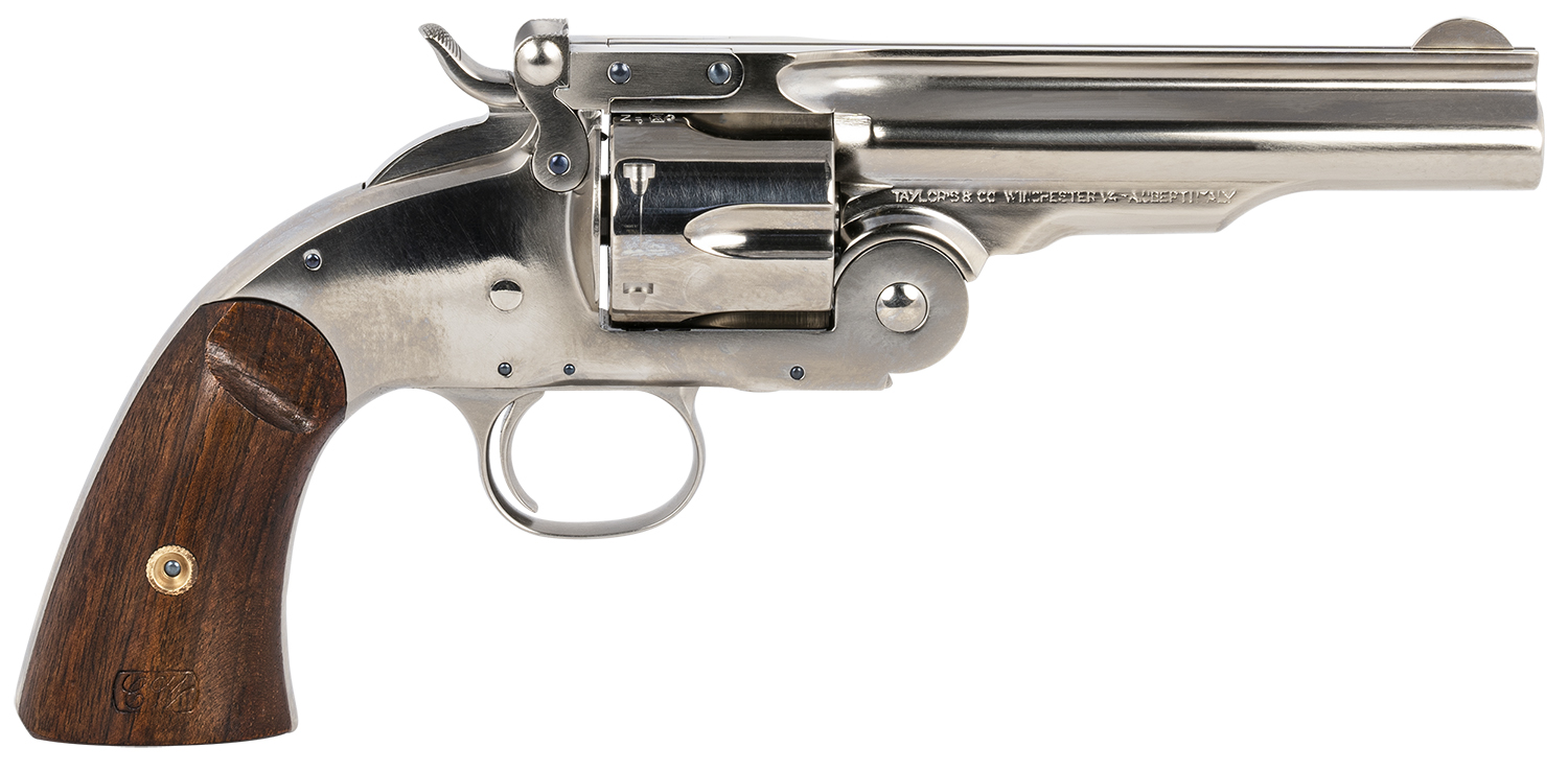 Taylors & Company 550670 Schofield Top Break 45 Colt (LC) Caliber with 5"Barrel, 6rd Capacity Cylinder, Overall Nickel-Plated Finish Steel & Walnut Grip 3 Taylors & Company 550670 Schofield Top Break 45 Colt (LC) Caliber with 5"Barrel, 6rd Capacity Cylinder, Overall Nickel-Plated Finish Steel & Walnut Grip